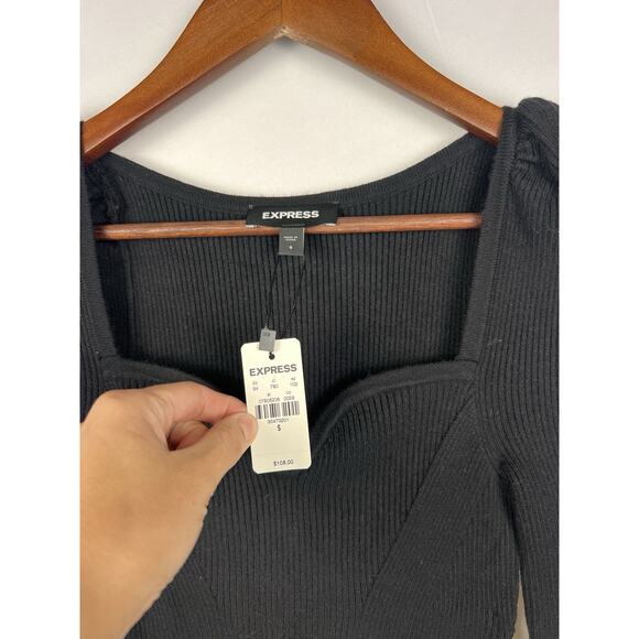 NEW EXPRESS S BLACK PUFF SHOULDER LACE PIECED BODY CONTOUR SWEATER DRESS - Picture 4 of 11